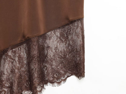 Amalfi High Neck Asymmetric Halter Lace-Hem Top | Elegant Satin Evening Halter Top