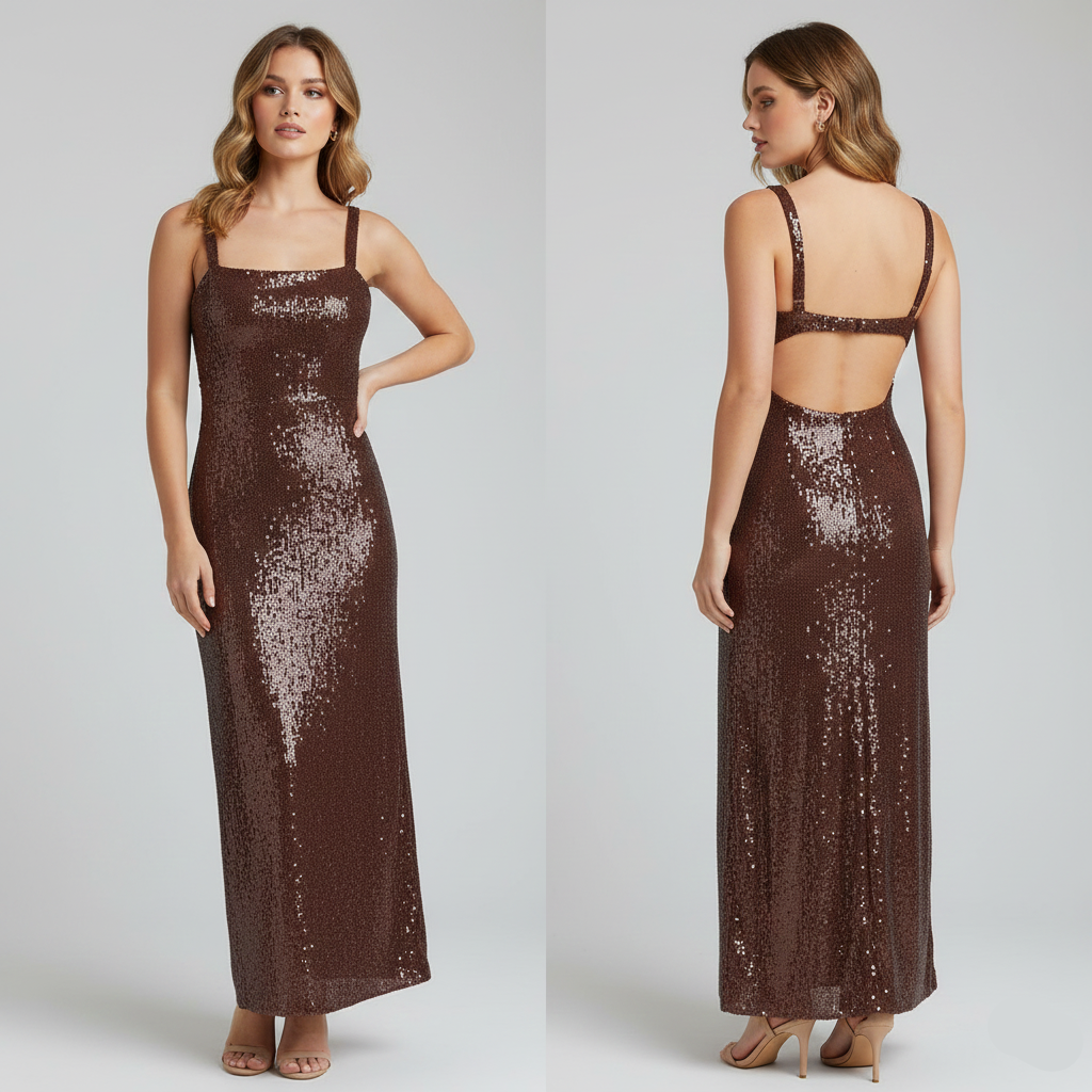brown sequin midi dress, red carpet sequin dress, Sparkly brown sequin midi dress with thin straps and a slim silhouette, ideal for partywear, holiday fashion, cocktail outfits, and elegant evening looks for women who love shimmer, spaghetti strap sequin dress.