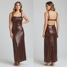 Load image into Gallery viewer, brown sequin midi dress, red carpet sequin dress, Sparkly brown sequin midi dress with thin straps and a slim silhouette, ideal for partywear, holiday fashion, cocktail outfits, and elegant evening looks for women who love shimmer, spaghetti strap sequin dress.