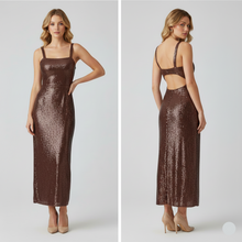 Load image into Gallery viewer, glam sequin dress, glitter midi dress, sparkly maxi dress, sparkly formal dress, sequin evening gown, holiday party sequin dress, sparkly midi dress women, sustainable sequin dress, brown sequin spaghetti-strap midi dress, sleek sequin midi dress.
