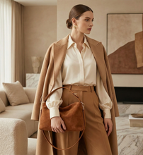 Load image into Gallery viewer, brown slouchy tote bag, slouchy shoulder bag, best suede handbag for women, what to wear with suede hobo bag, everyday shoulder bag, slouchy shoulder bag, suede hobo bag in brown color, Travel-friendly tote, quiet luxury suede bag.