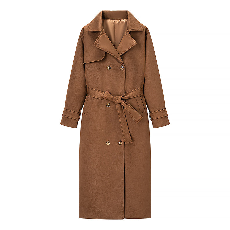 classic trench coat women, brown suede coat women, Classic double-breasted brown trench coat women love crafted in luxe faux suede with notched lapels, waist belt, and satin lining. A timeless minimalist trench coat for workwear layering, camel brown suede trench coat women.