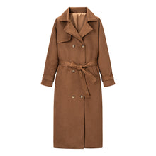 Load image into Gallery viewer, classic trench coat women, brown suede coat women, Classic double-breasted brown trench coat women love crafted in luxe faux suede with notched lapels, waist belt, and satin lining. A timeless minimalist trench coat for workwear layering, camel brown suede trench coat women.