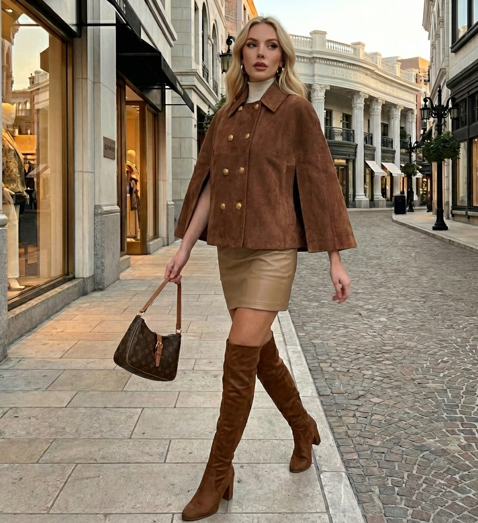 jackets for women, Brown suede double breasted cape jacket women with minimalist tailoring and gold button finishes, aligning with classy fall double breasted cape for women and Parisian chic suede cape coat women styling, fall coats women, suede jacket women, capes for women.