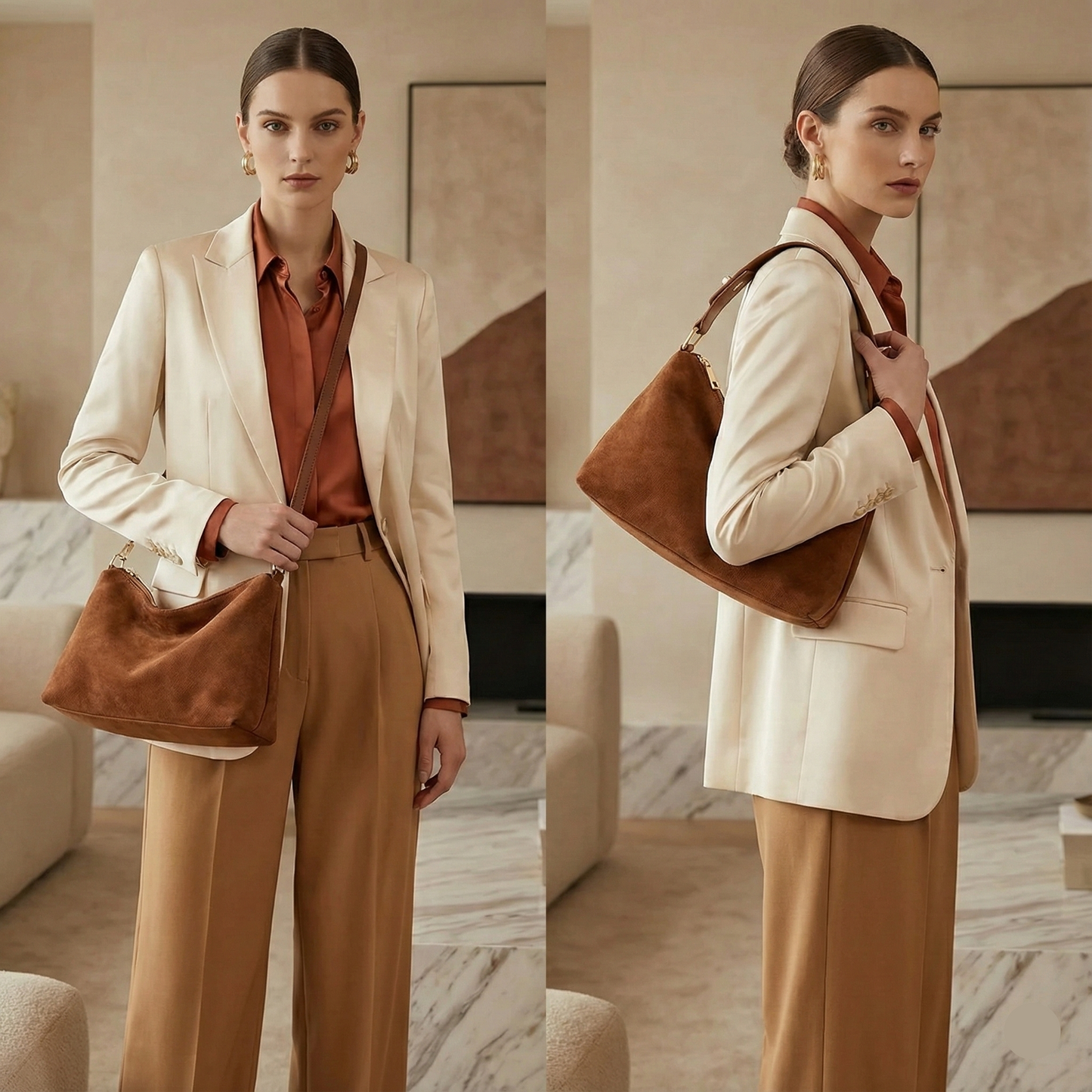 brown suede shoulder bag, women’s suede handbag, Soft suede shoulder bag for women with slouchy hobo silhouette, zip closure, and minimalist design, ideal as an everyday work bag, fall handbag, and quiet luxury accessory, slouchy hobo bag.