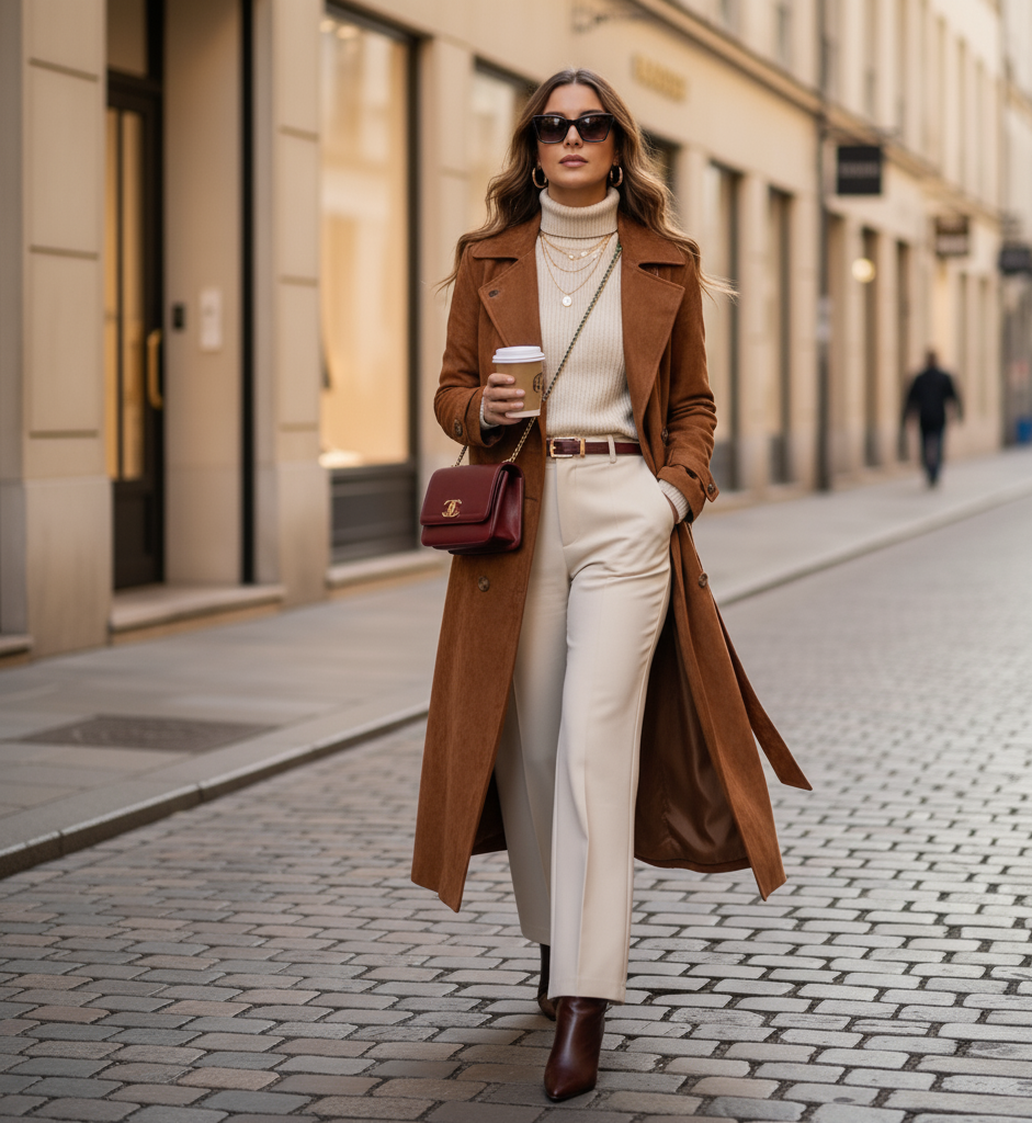 brown trench coat women, Elegant camel brown suede trench coat for women featuring a belted double-breasted design with gold buttons, notched lapel collar, and longline silhouette the ultimate quiet luxury fall coat, long trench coat women.
