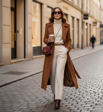 Load image into Gallery viewer, brown trench coat women, Elegant camel brown suede trench coat for women featuring a belted double-breasted design with gold buttons, notched lapel collar, and longline silhouette the ultimate quiet luxury fall coat, long trench coat women.