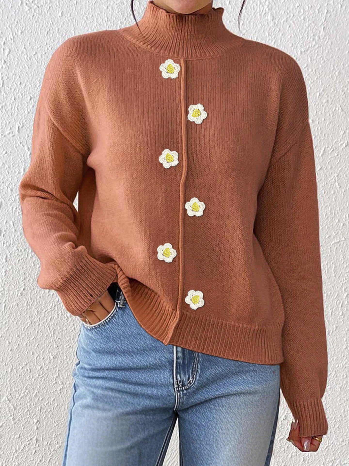 brown sweater top, Brown high-neck knit sweater with floral buttons, warm wool-blend fall top for women, everyday winter outfit piece, minimalist capsule wardrobe sweater aesthetic, winter layering sweater.