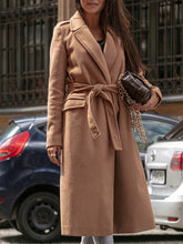Load image into Gallery viewer, Women’s brown wool blend overcoat with wrap silhouette and waist tie, offering a refined fit for fall and winter workwear and city dressing.