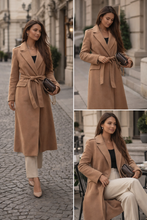 Load image into Gallery viewer, Women’s brown wool blend overcoat with wrap silhouette and waist tie, offering a refined fit for fall and winter workwear and city dressing.