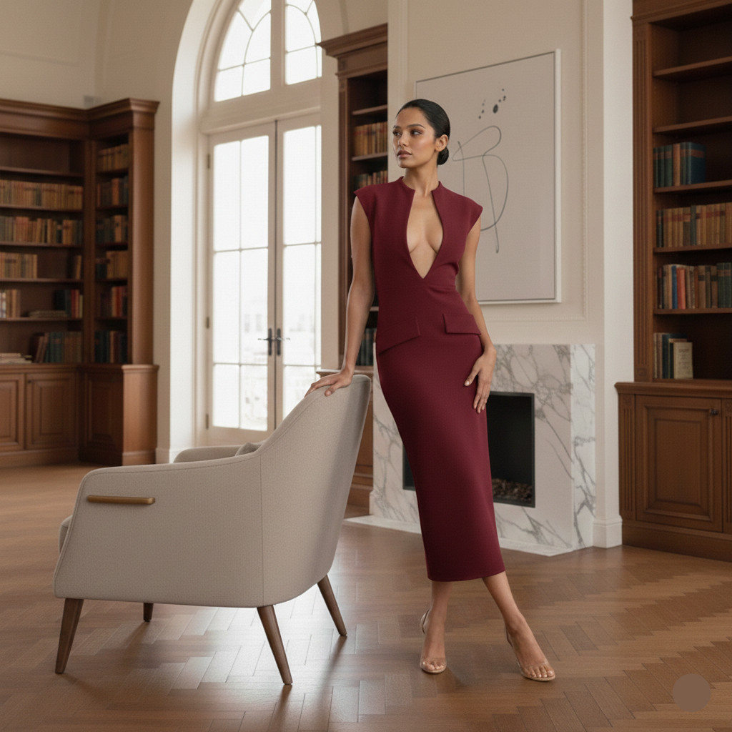 burgundy plunging V-neck midi dress, wedding guest midi dress, date night elegant dress, quiet luxury dress, sleek black midi dress woman, Black bodycon midi dress, plunging V-neck with a tailored fitted silhouette, burgundy plunge neck bodycon midi dress for women, styled as an elegant wedding guest bodycon dress for formal celebrations.