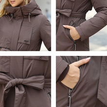 Load image into Gallery viewer, womens down jacket, parka for women, duck down coat, parka coat, belted coat, duck down jacket womens,  womens down coats and jackets duck down jacket, hooded parka jacket, hooded down jacket, down coat, winter coats women, long line coat, womens dressy winter coats, womens outdoor coat, womens long parka coat.