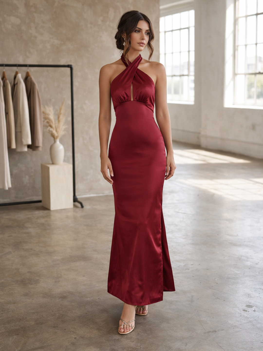 burgundy cross halter satin maxi dress, hlaterneck satin bodycon maxi dress, halterneck satin wedding guest dress, burgundy maxi dress, evening satin maxi dress, blue bodycon evening gown, formal halter maxi, sculpted waist halter satin maxi, satin cross halter evening gown, halter neck bodycon maxi wedding, sleeveless cross halter formal dress.
