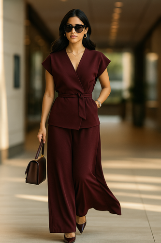 burgundy pant set women, Elegant burgundy pantsuit for women style with belted wrap top and wide leg trousers, perfect tailored pants set women look for office wear, brunch outfit pant set, or fall event ready, Workwear pant set women.