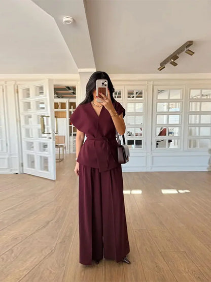 tailored pants set women, Workwear pant set women featuring wide leg co-ord pants and belted wrap top, versatile office pants set women outfit for business casual pant set styling and event-ready tailored suit set, 