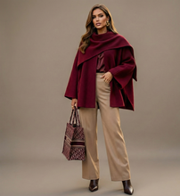 Load image into Gallery viewer, winter coat with scarf women, fall outfits wool coat, scarf coat women, Layered cape sweater women love with attached scarf, quiet luxury sweater design, elegant shawl collar knit coat for classy casual outfits women and fall sweaters women searches.