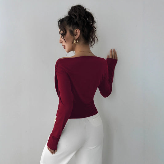 Off shoulder wrap top in burgundy, slim fit chic blouse that works as stylish work wear top, office to evening look.