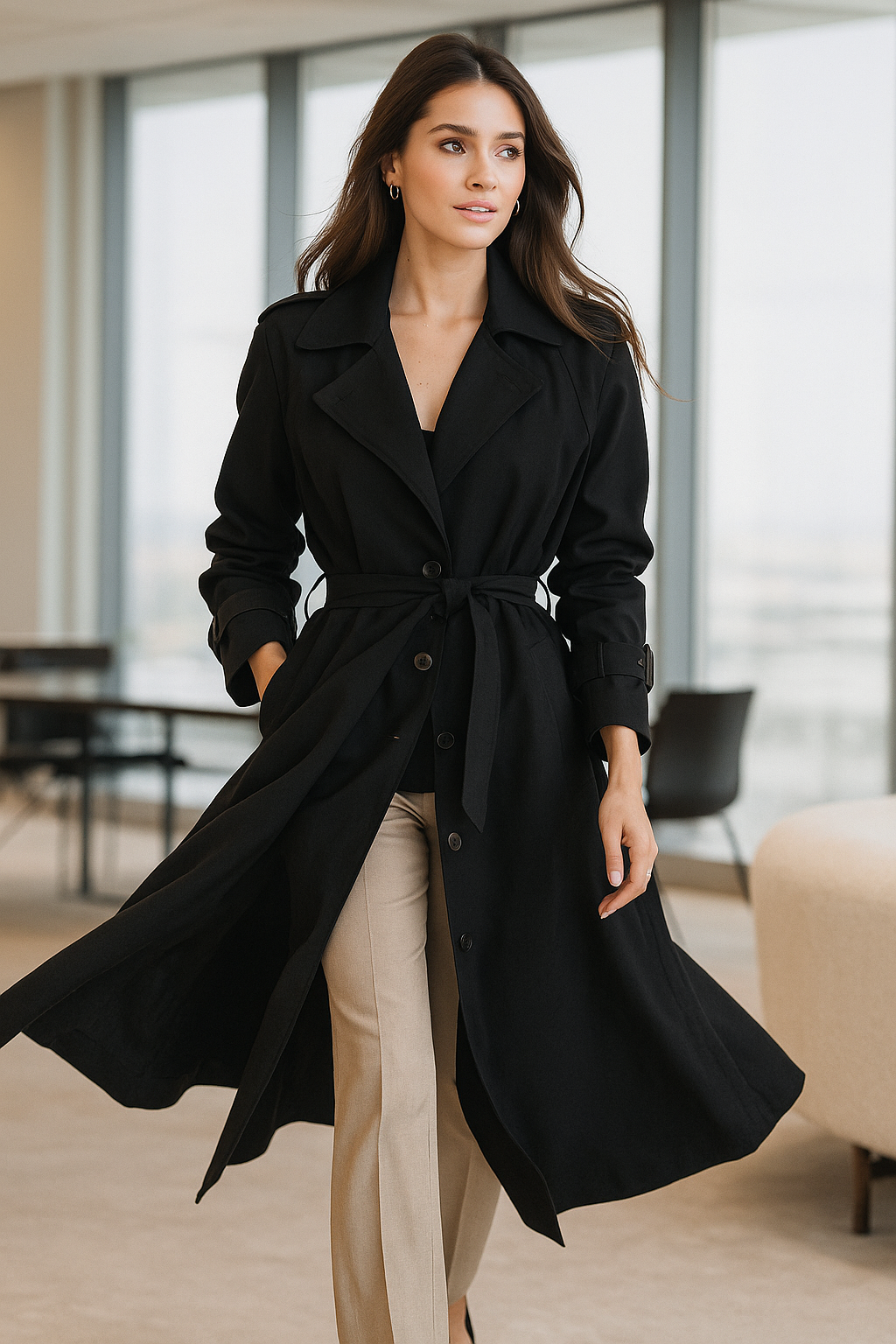 Oversized trench coat women, double breasted belted black trench, old money belted trench, classic street style black trench, Pinterest trending black trench fall outfit, belted oversized trench, work-appropriate black trench women, Instagram worthy chic fall outfit.