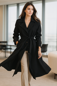 Oversized trench coat women, double breasted belted black trench, old money belted trench, classic street style black trench, Pinterest trending black trench fall outfit, belted oversized trench, work-appropriate black trench women, Instagram worthy chic fall outfit.