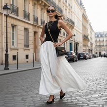 Load image into Gallery viewer, Black White Contrast A-Line Maxi Dress, Bateau neck color block dress, high waist monochrome maxi, A-line high-waist silhouette dress, Flowy maxi skirt structured bodice dress,  Business casual maxi, fit and flare dress, old money maxi dress, business casual maxi dress