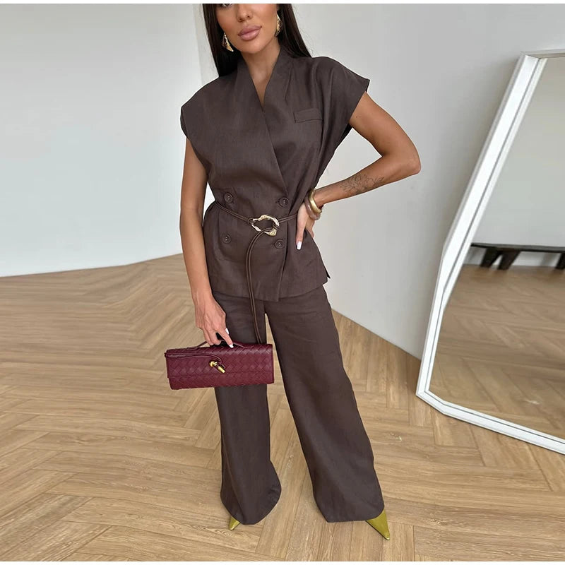 Power up Women’s Two-Piece Brown Pant Set – Wide Leg Pants, Belted Structured Top, Business Casual Fancy Pantsuit Brown / L