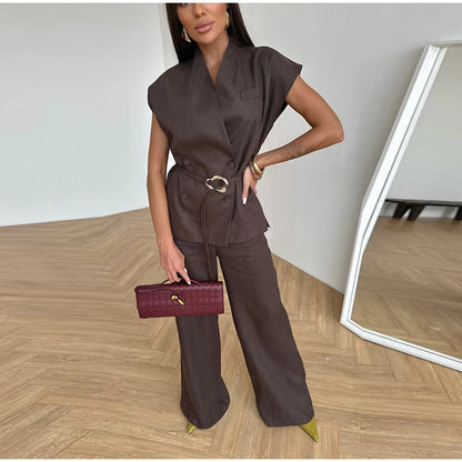 business casual pant set women, suit set women, Two piece pants set women with structured belted top and wide-leg pants elegant brown pantsuit for petite frame or best wide leg pantsuit for tall women, brunch outfit pant set, comfortable pant suit for all-day wear.