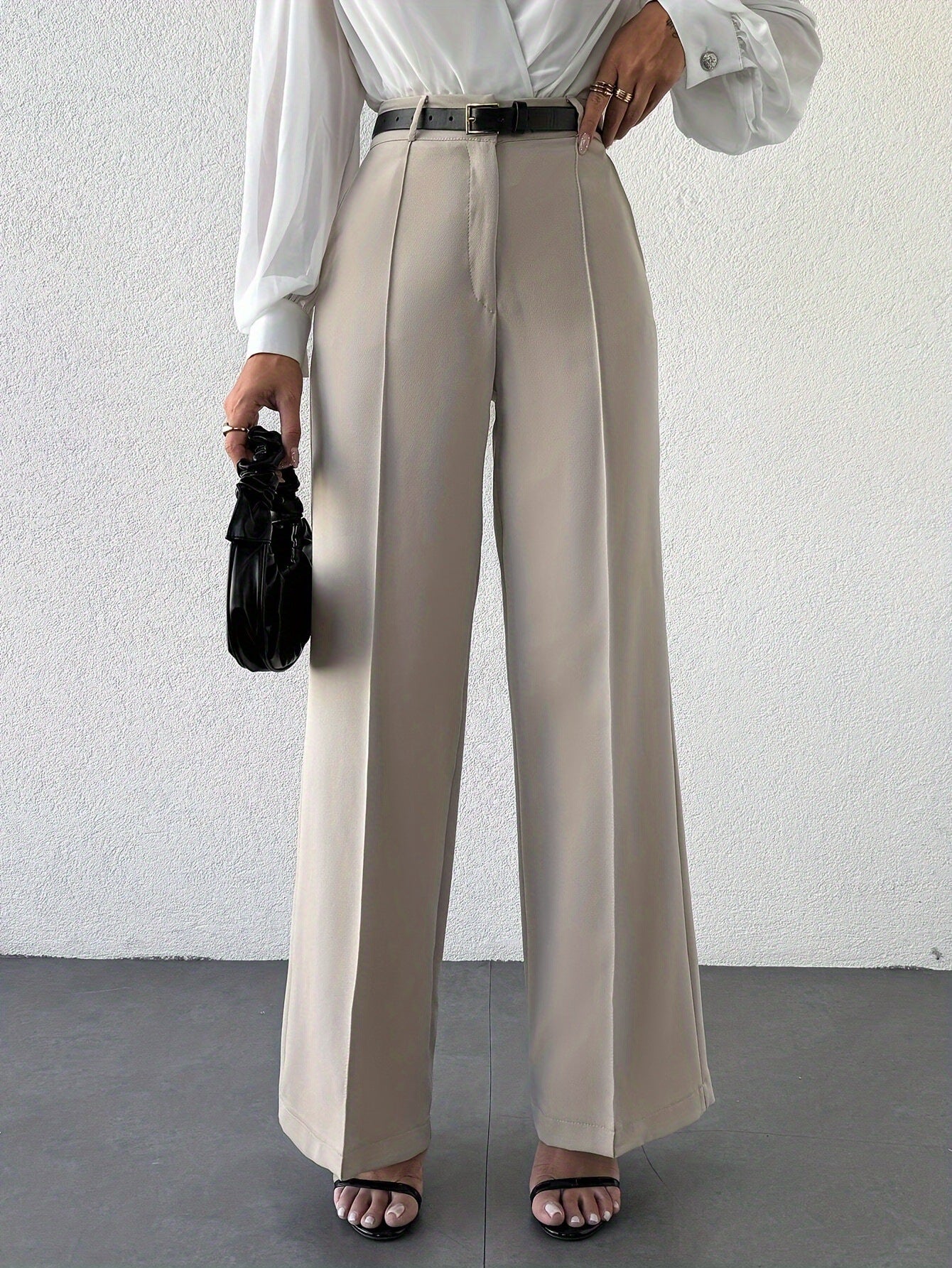 Women’s column wide-leg trousers with center crease, high waist neutral beige tailored office pants, business casual wardrobe essential.
