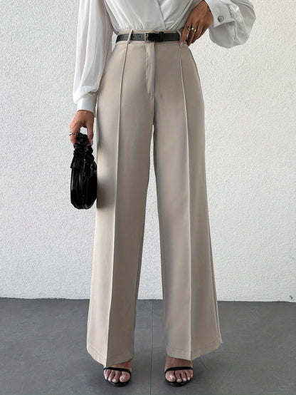 Women’s column wide-leg trousers with center crease, high waist neutral beige tailored office pants, business casual wardrobe essential.