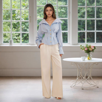 business casual pinstripe blouse, puff sleeve work shirt, blue white pinstripe shirt,  Structured shirt with vertical blue white pinstripe pattern, peplum shirt silhouette and tailored waist shaping, ideal business casual shirt and fall classy pinstripe outfit shirt option, structured waist shirt women.