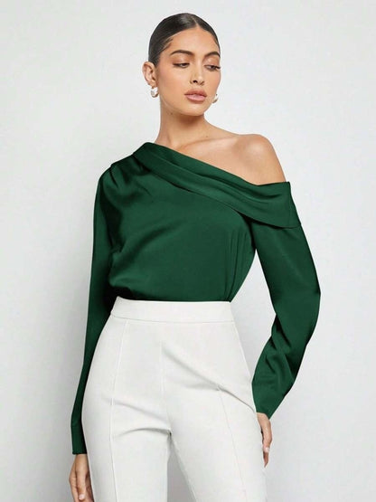 Green one-shoulder top women, satin blouse women, satin shirt top, dressy shirt, business casual shirts for women, quiet luxury blouse women, satin blouse women cocktail, one-shoulder top women formal satin, elevated basics satin blouse women, work wear tops for women.