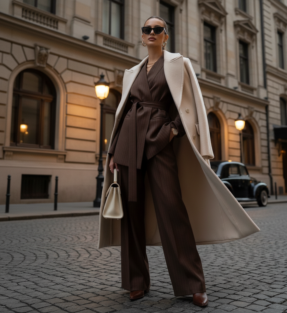 brown pantsuit women, tailored pantsuit set women, business casual suit women, Elegant brown pinstripe pantsuit set for women featuring belted blazer and wide-leg trousers, tailored workwear outfit for business meetings and fall office style trends 2025, elegant two piece suit women.