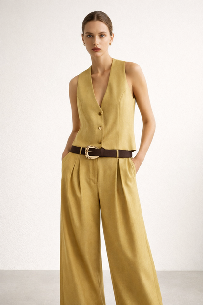 business casual vest set, gold button vest set, power vest outfit, high waist wide leg vest set, structured vest office outfit, v neck sleeveless vest set, gold buckle belt trouser set, business casual mustard vest set, sleeveless tailored vest trouser, wide leg set petite frame, business casual wide-leg two piece set.