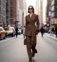 Load image into Gallery viewer, chocolate brown pantsuit set fall outfit, Power brown pinstripe pantsuit outfit for women, tailored wide-leg trousers with blazer, modern workwear inspired by old money quiet luxury style 2025, womens suit for business dinner, old money womens suit, brown pantsuit women.