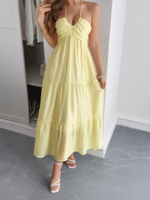 Load image into Gallery viewer, soft cotton tiers and ruched ruffles on a boho halter maxi dress – lightweight and breezy for summer days. The butter yellow maxi dress is perfect for a vacation outfit or beach dinner dress.