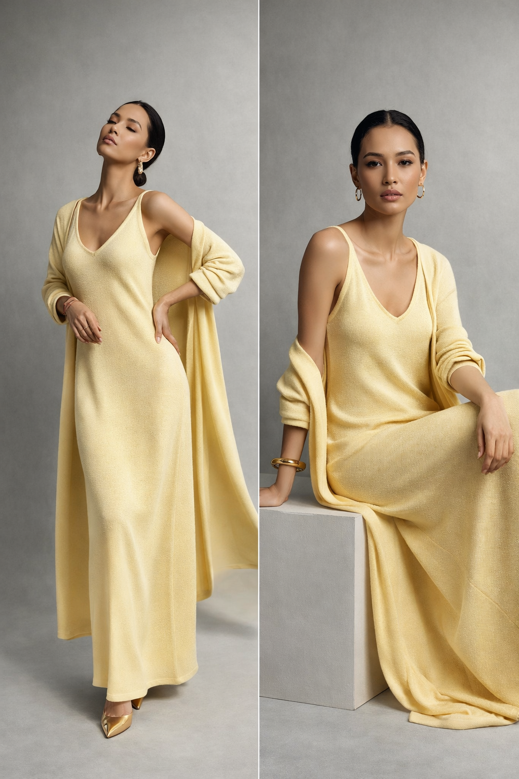 butter yellow knit maxi dress and cardigan set, beige knit outfit set, green longline cardigan maxi dress, sleeveless knit maxi co-ord, business casual knit set, quiet luxury knit maxi, old money fall outfit set, comfy knit maxi dress set, v-neck knit maxi cardigan, flowy cardigan knit dress.