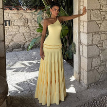 Load image into Gallery viewer, one shoulder party dress for rooftop evening, glamorous maxi dress, backless sundress, long one shoulder maxi dress, tiered maxi dress, one shoulder dress for vacation, Perfect for summer weddings, rooftop parties, and vacation dinners.