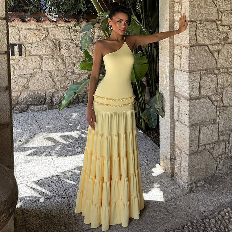 one shoulder party dress for rooftop evening, glamorous maxi dress, backless sundress, long one shoulder maxi dress, tiered maxi dress, one shoulder dress for vacation, Perfect for summer weddings, rooftop parties, and vacation dinners.