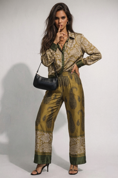 button down shirt set, wide leg trouser set, paisley shirt, two piece shirt and pants set, paisely print coord set women, business casual set, wedding guest outfit, vacation outfit sets, high waist wide leg trouser set, paisley silk shirt wide leg pants, satin paisley print coord set, silk shirt set, printed trouser sets.
