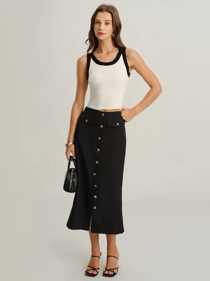 black midi skirt office outfit women, high waisted black midi skirt with buttons, button front midi skirt work outfit, black midi skirt with slit outfit, business casual midi skirt outfit women,  black pencil midi skirt outfit ideas, minimalist black midi skirt outfit,black midi skirt outfit for work.