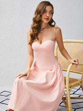 Load image into Gallery viewer, corset midi dress, fit and flare dress, pink corset dress, corset top dress, pleated skirt dress, pleated midi dress, pleated dress, pink corset sundress, midi swing dress, corset wedding guest dress, fit and flare cocktail dress, prom and dance dress, prom dress, plunging neckine dress, backless sundress, spring dresses for women, swing dresses for women, pink cocktail dress, classy dresses, fit and flair wedding guest dress.