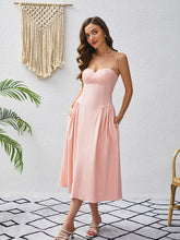 Load image into Gallery viewer, corset midi dress, fit and flare dress, pink corset dress, corset top dress, pleated skirt dress, pleated midi dress, pleated dress, pink corset sundress, midi swing dress, corset wedding guest dress, fit and flare cocktail dress, prom and dance dress, prom dress.