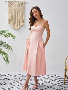 corset midi dress, fit and flare dress, pink corset dress, corset top dress, pleated skirt dress, pleated midi dress, pleated dress, pink corset sundress, midi swing dress, corset wedding guest dress, fit and flare cocktail dress, prom and dance dress, prom dress.