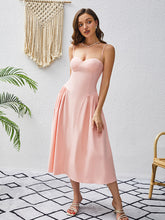 Load image into Gallery viewer, corset midi dress, fit and flare dress, pleated dress, pink corset dress, corset wedding guest dress, fit and flare cocktail dress, prom and dance dress, prom dress, plunging neckline dress, backless sundress, spring dresses for women, swing dresses for women, pink cocktail dress, classy dresses, fit and flair wedding guest dress. 