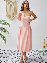 Load image into Gallery viewer, corset midi dress, fit and flare dress, pink corset dress, corset top dress, pleated skirt dress, pleated midi dress, pleated dress, pink corset sundress, midi swing dress, corset wedding guest dress, fit and flare cocktail dress, prom and dance dress, prom dress, plunging neckline dress, backless sundress