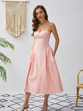 Load image into Gallery viewer, corset midi dress, fit and flare dress, pink corset dress, corset top dress, pleated skirt dress, pleated midi dress, pleated dress, pink corset sundress, midi swing dress, corset wedding guest dress, fit and flare cocktail dress, prom and dance dress, prom dress, plunging neckline dress, backless sundress, spring dresses for women, swing dresses for women, pink cocktail dress, classy dresses, fit and flair wedding guest dress.