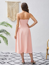 Load image into Gallery viewer, corset midi dress, fit and flare dress, pink corset dress, corset top dress, pleated skirt dress, pleated midi dress, pleated dress, pink corset sundress, midi swing dress, corset wedding guest dress, fit and flare cocktail dress, prom and dance dress, prom dress, plunging neckline dress, backless sundress, spring dresses for women, swing dresses for women, pink cocktail dress, classy dresses, fit and flair wedding guest dress.