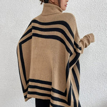 Load image into Gallery viewer, camel poncho sweater, Batwing sleeve sweater women with camel oversized turtleneck and color block turtleneck sweater pattern, winter knit poncho top women style, soft touch striped winter poncho for travel and cold-weather layering outfits, color block turtleneck sweater women.