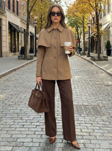 Load image into Gallery viewer, cape blazer jacket women, business casual jacket, cape collar jacket coat, office wear jacket, Tailored jacket women with cape overlay shoulders, elegant single breasted cape jacket, hip length structured fit, elevated quiet luxury jacket aesthetic for workwear and classy casual outfits.