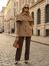 Load image into Gallery viewer, cape blazer jacket women, business casual jacket, cape collar jacket coat, office wear jacket, Tailored jacket women with cape overlay shoulders, elegant single breasted cape jacket, hip length structured fit, elevated quiet luxury jacket aesthetic for workwear and classy casual outfits.