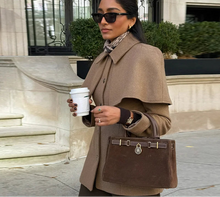 Load image into Gallery viewer, cape blazer jacket women, structured jacket women, Tailored cape jacket women with structured fit, single breasted jacket design and cape overlay, ideal business casual jacket for office wear, quiet luxury jacket style, hip length tailored jacket women.